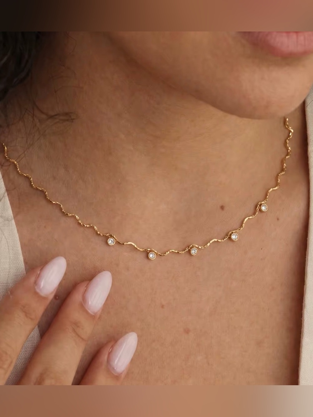 18K Gold Plated Stainless Steel Wave Chain Necklace Spark Minimalist Waterproof